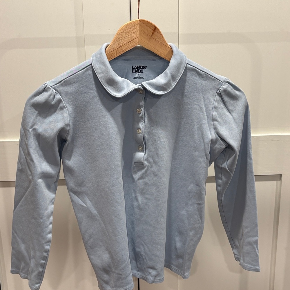 Lands' End Girls Light Blue Long-Sleeve Polo with Peter Pan Collar